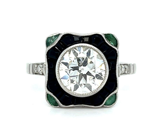 1.68ct Old Euro Diamond Onyx Emerald .14ct SD Platinum Handmade Ring 5.59g 6.75