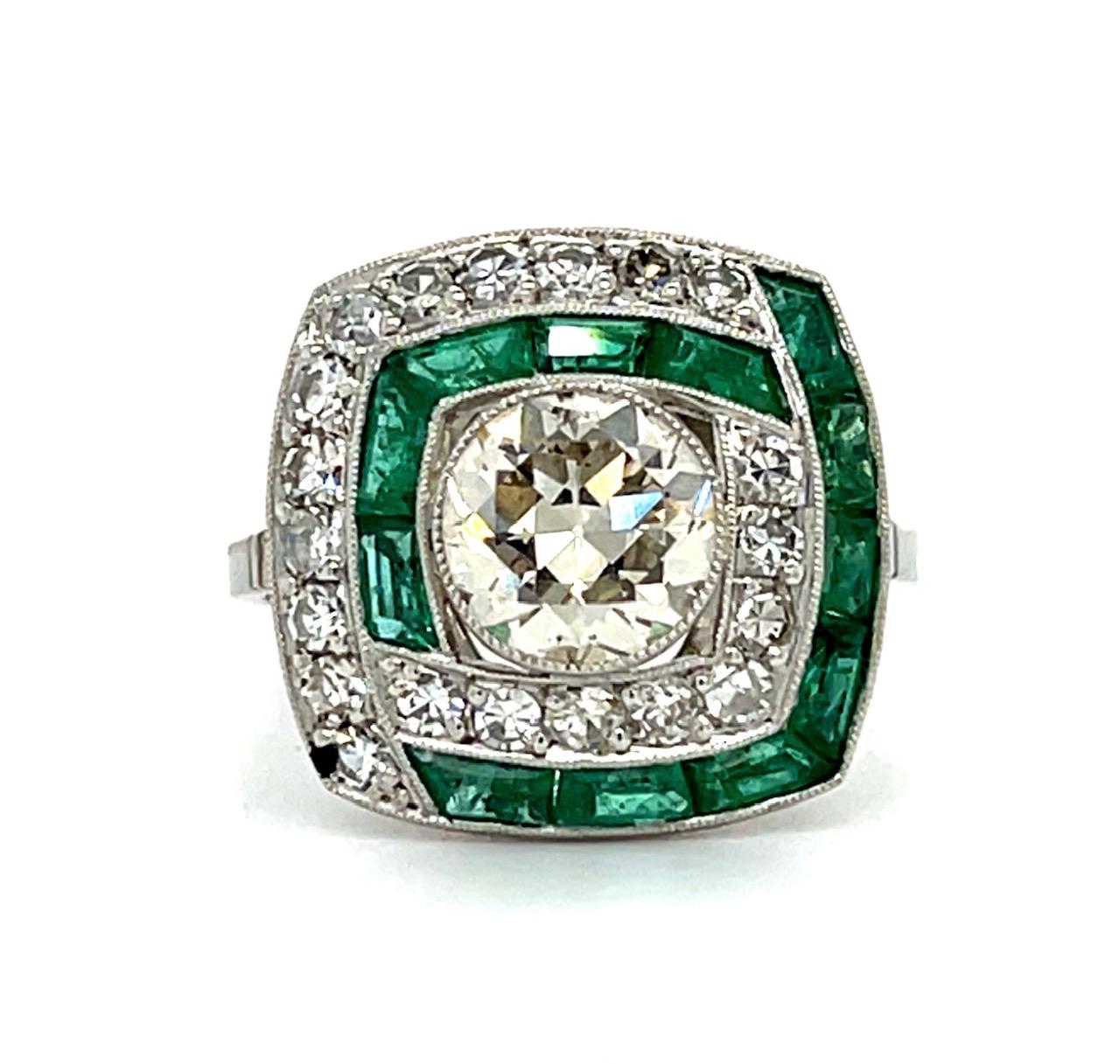 1.43ct Old European Cut Diamond 1ct Emerald .92ct SD Handmade Platinum Ring 7.50