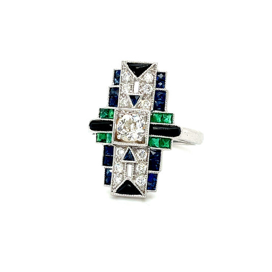 .39ct Old European Cut Center Diamond 1.30ct French Cut Sapphires .50ct French Cut Emeralds .22ct SD, Onyx 18KW Handmade Ring