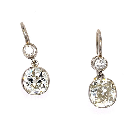 2.95ct Old Mine Cushion Diamonds .30ct SD Platinum+18KY Dangle Earrings 4.13g