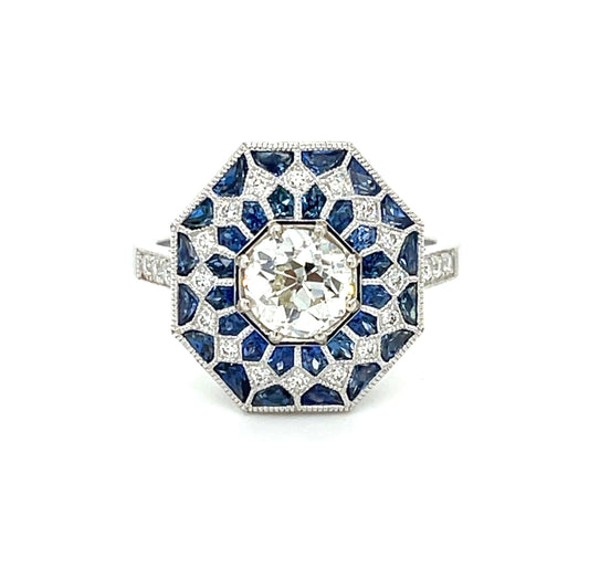 .93 GIA J VS2 Old European Diamond 1.34ct Sapphires .25ct SD 18KW Ring .25ct SD