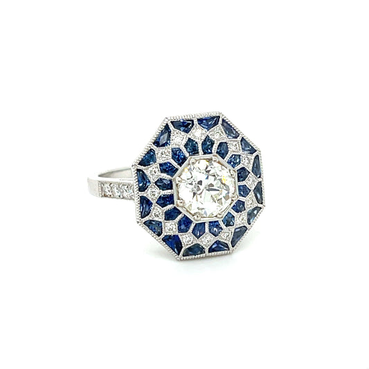 .93 GIA J VS2 Old European Diamond 1.34ct Sapphires .25ct SD 18KW Ring .25ct SD