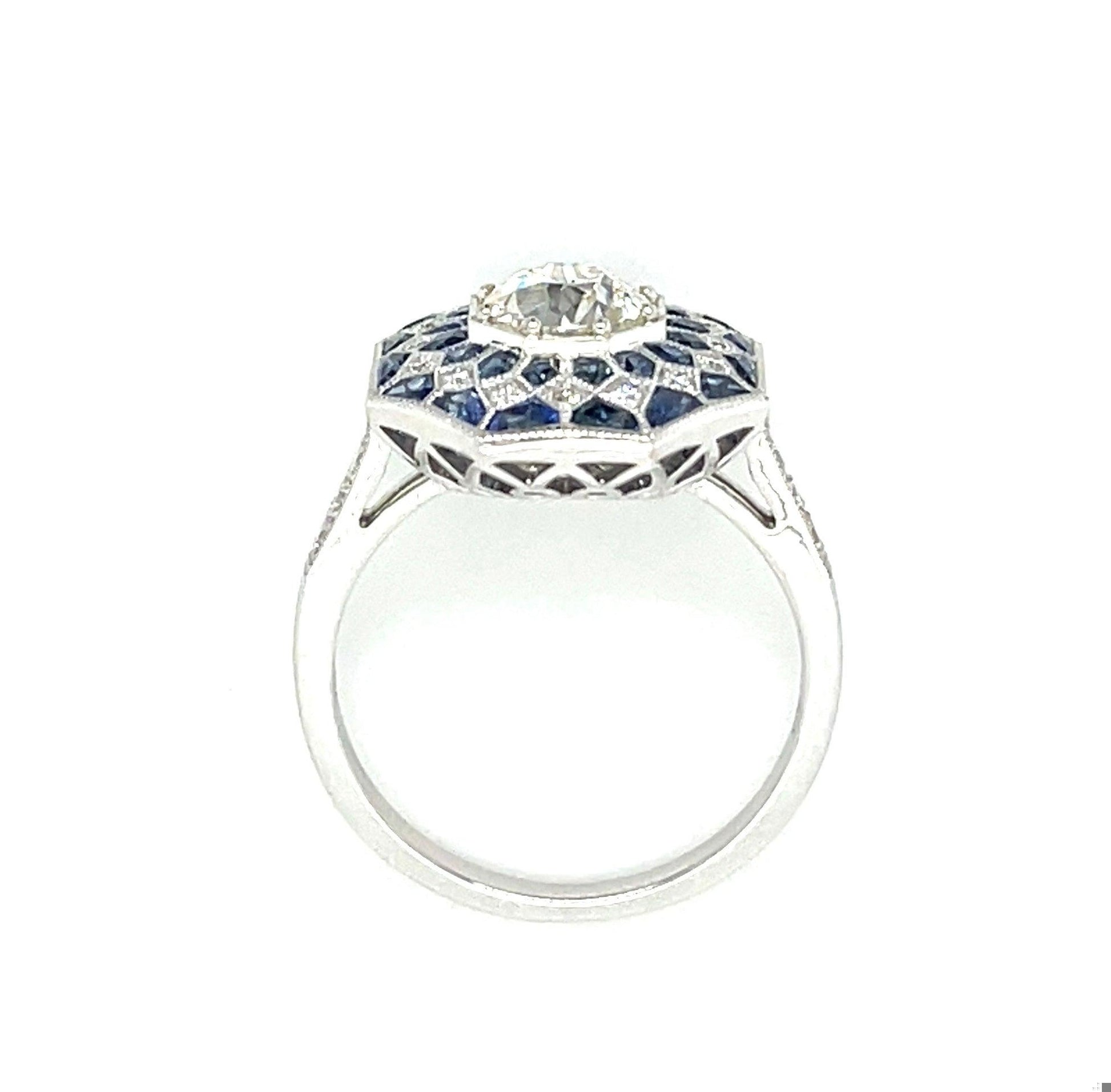 .93 GIA J VS2 Old European Diamond 1.34ct Sapphires .25ct SD 18KW Ring .25ct SD