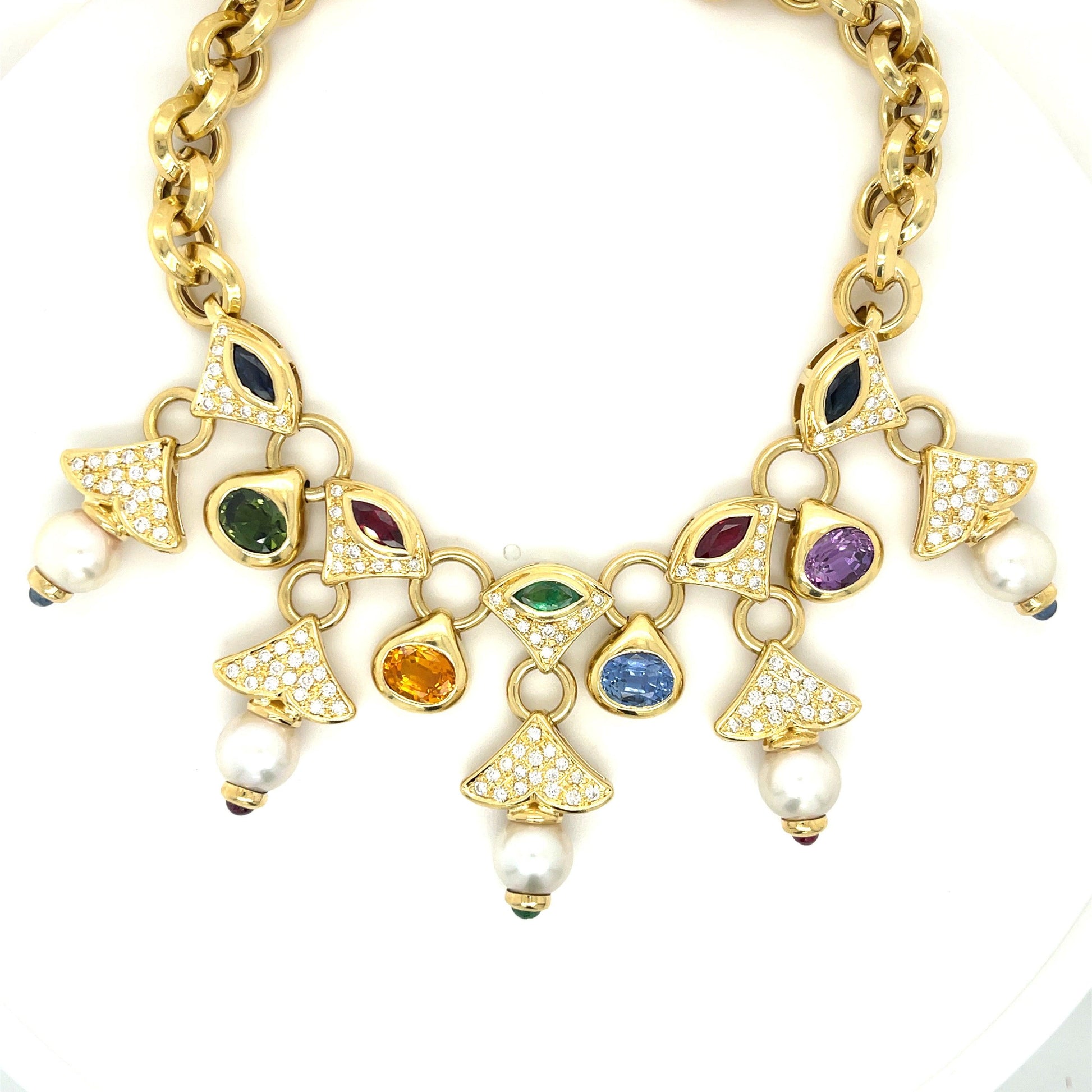 Italian Gemstone, Diamond + Natural Pearl 18KY Necklace