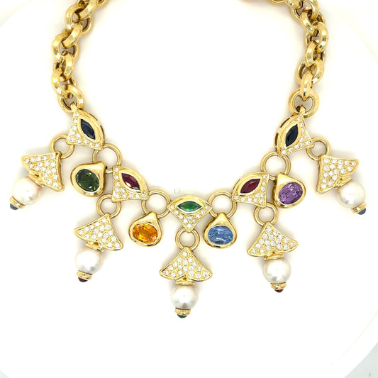 Italian Gemstone, Diamond + Natural Pearl 18KY Necklace