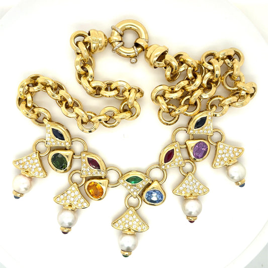 Italian Gemstone, Diamond + Natural Pearl 18KY Necklace