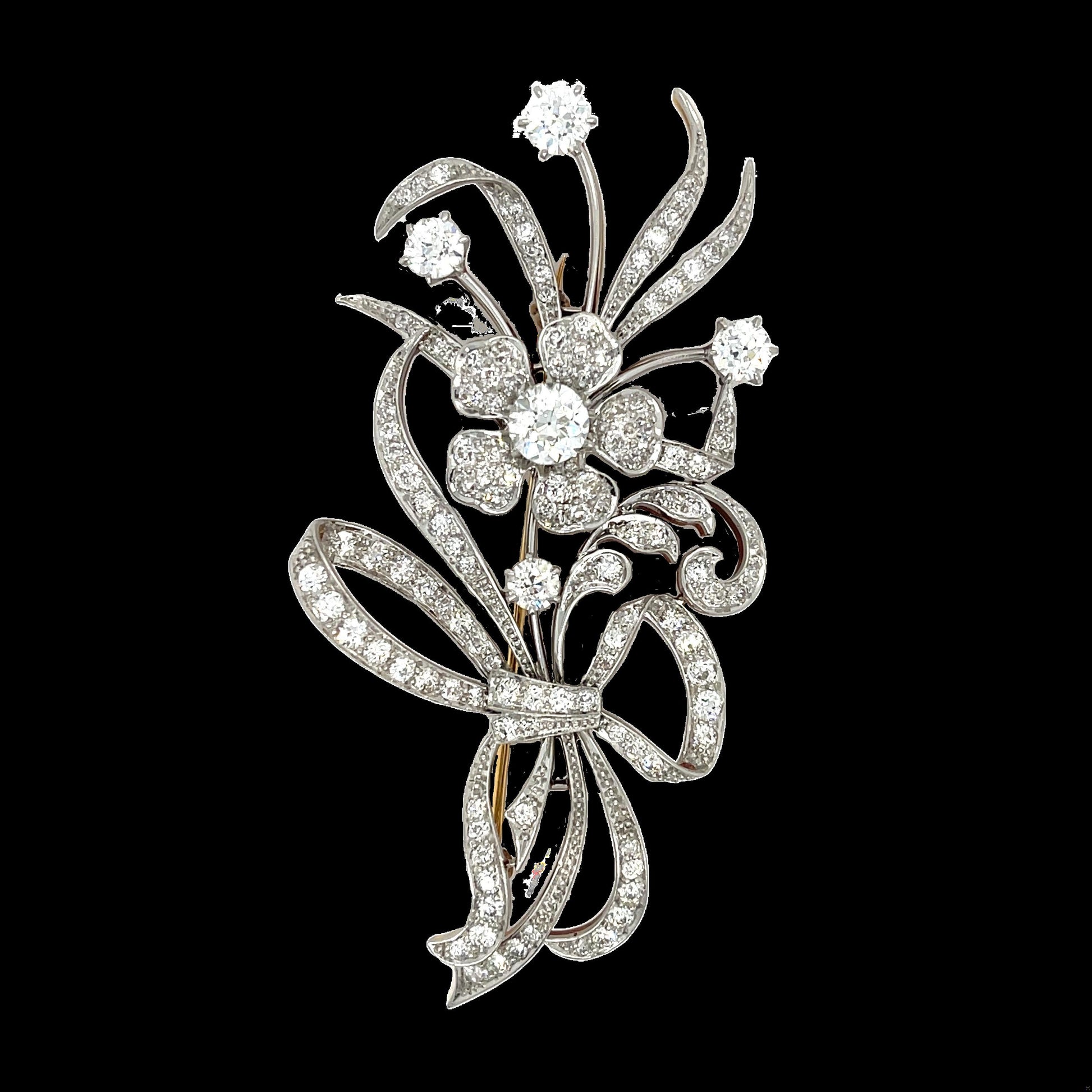 Edwardian Flower Antique Brooch 1910s PT+ 18KY  GIA .95ct Old Euro Dia 5.50ct SD