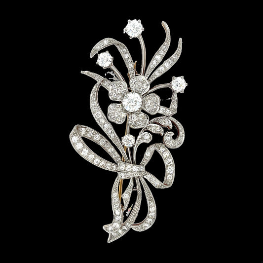 Edwardian Flower Antique Brooch 1910s PT+ 18KY  GIA .95ct Old Euro Dia 5.50ct SD