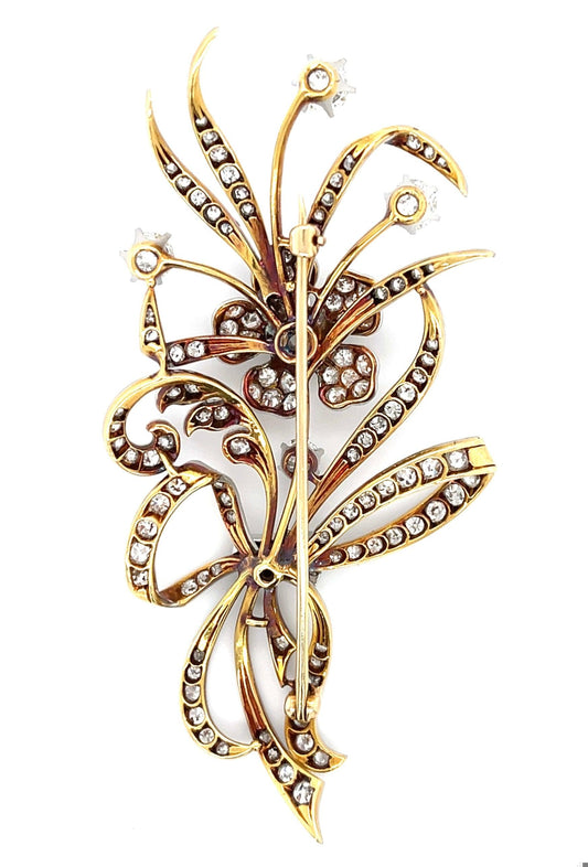 Edwardian Flower Antique Brooch 1910s PT+ 18KY  GIA .95ct Old Euro Dia 5.50ct SD
