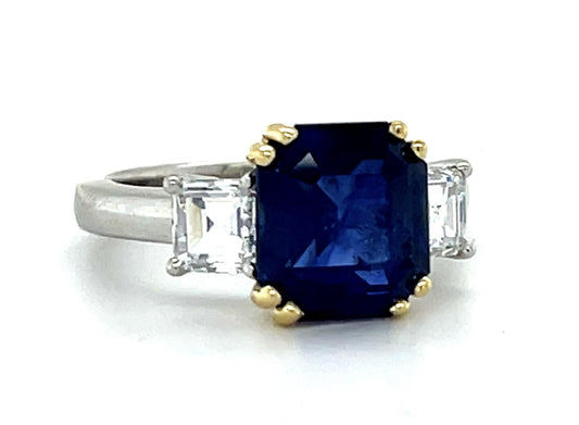 4.19ct Sapphire 1.10ct Square Cut Diamond Platinum+18KY Estate Ring 6 Size 8.59g
