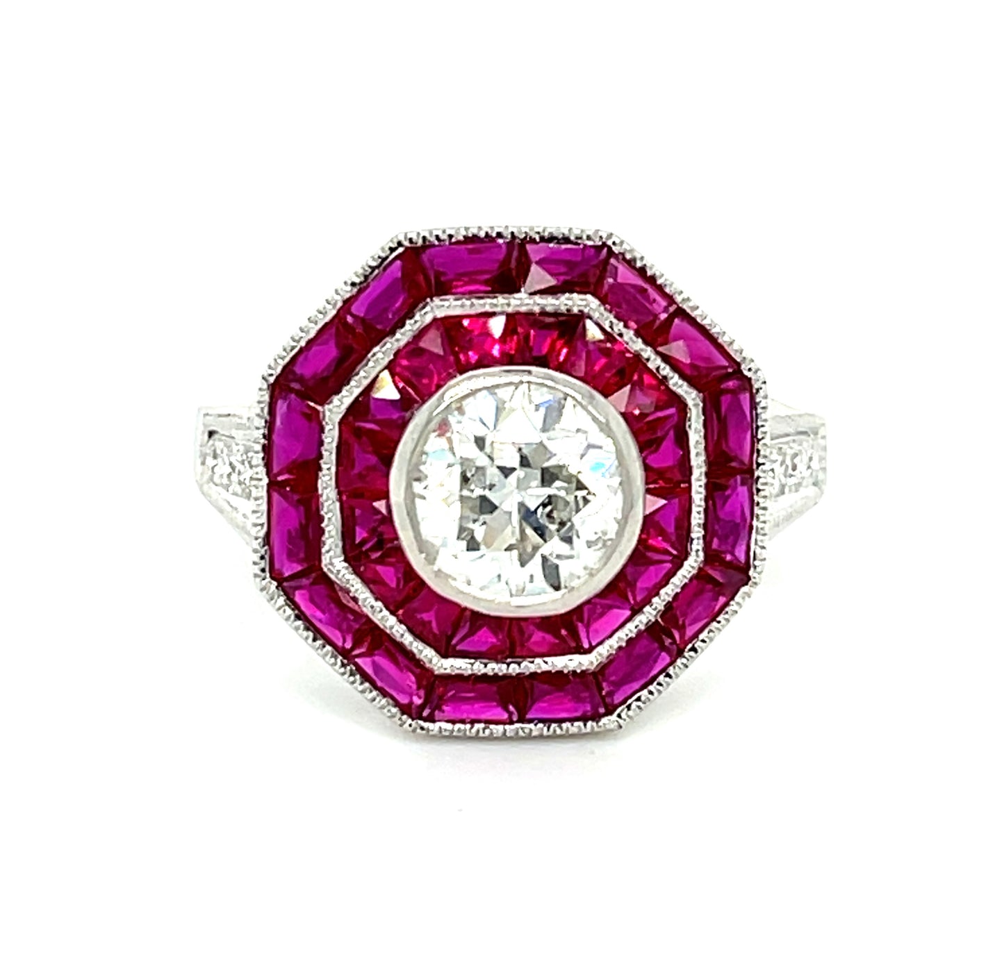 1.23ct Old European Cut Diamond Platinum Ring 2.60ct Calibre Rubies .12ct SD