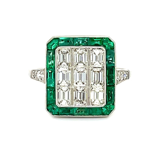 1.10ct Emerald Cut Diamonds Handmade & Inspired Platinum Ring 1.30ct Calibre Emeralds