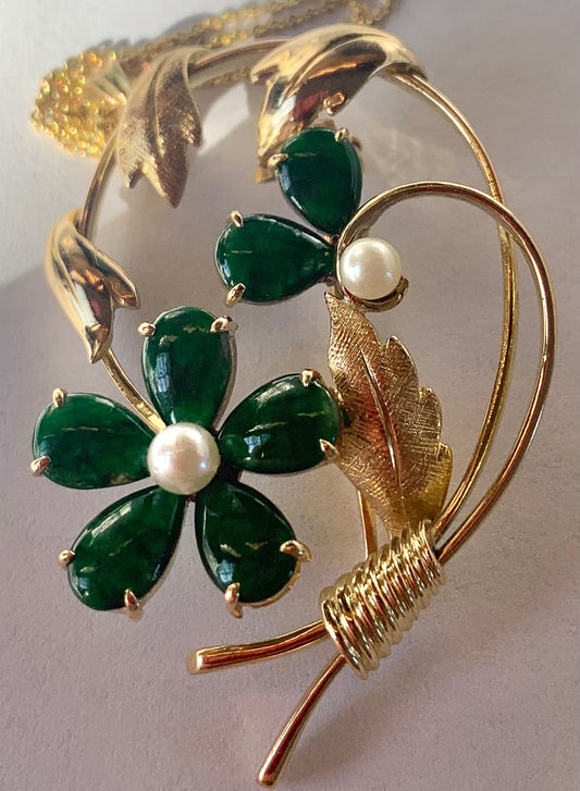 14KY Burma Jade &  Pearl Brooch 11.5gr 4.00ct(ja) Circa 1960s ESTATE  Length 16