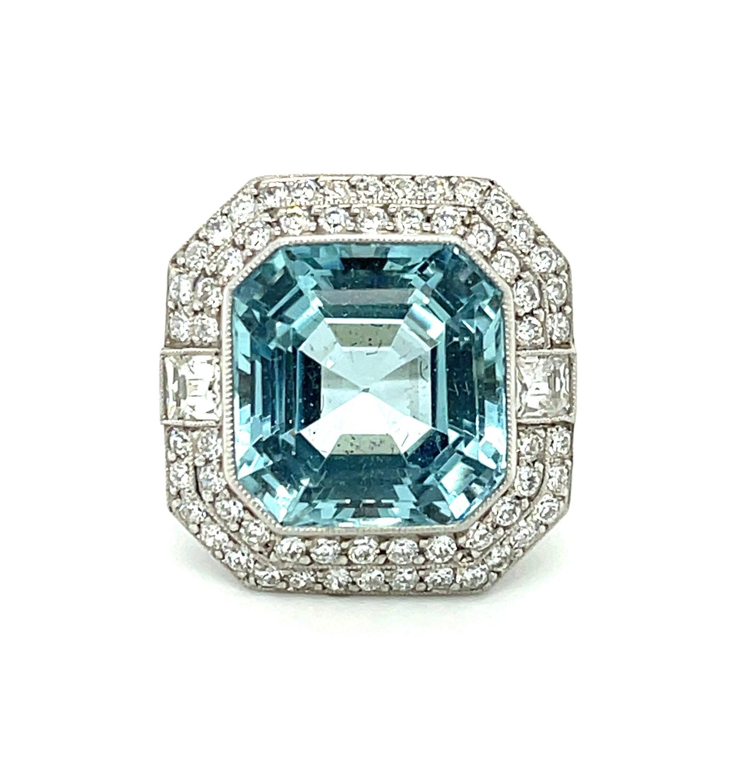 9.90ct Aquamarine .30ct French Cut Two Diamonds .96ct SD Platinum Ring