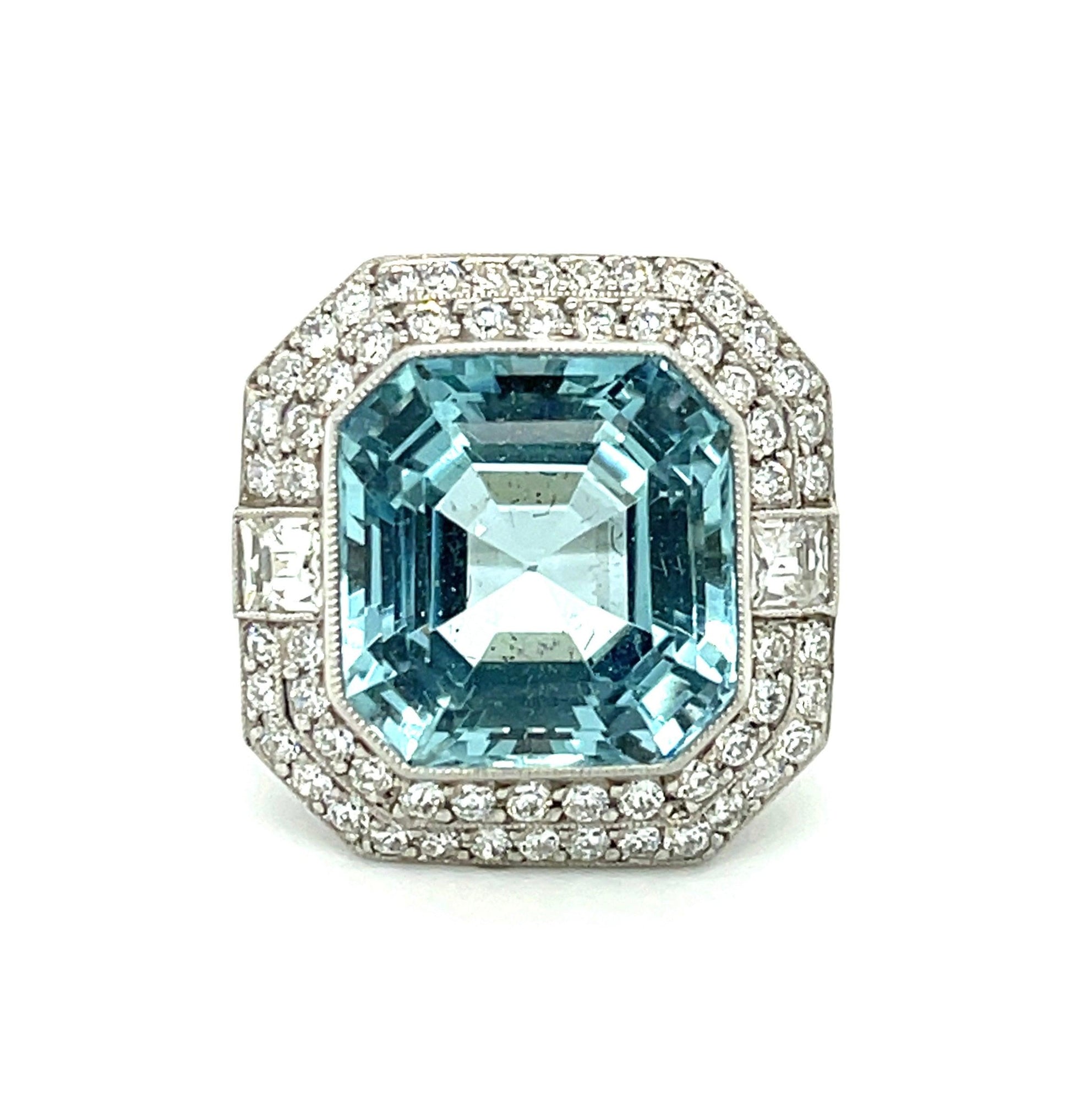 9.90ct Aquamarine .30ct French Cut Two Diamonds .96ct SD Platinum Ring