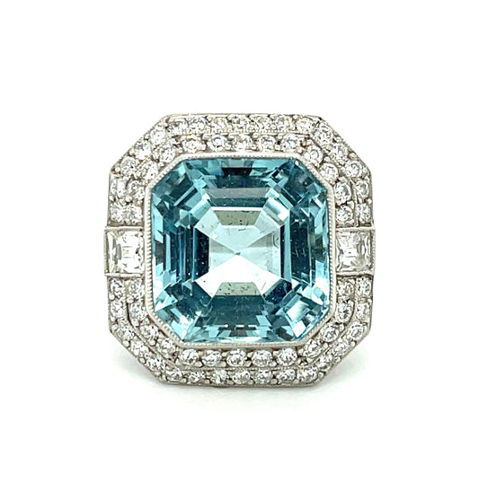 9.90ct Aquamarine .30ct French Cut Two Diamonds .96ct SD Platinum Ring