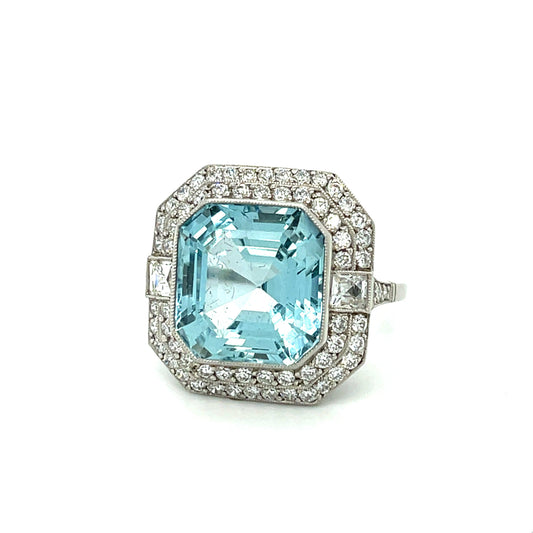9.90ct Aquamarine .30ct French Cut Two Diamonds .96ct SD Platinum Ring