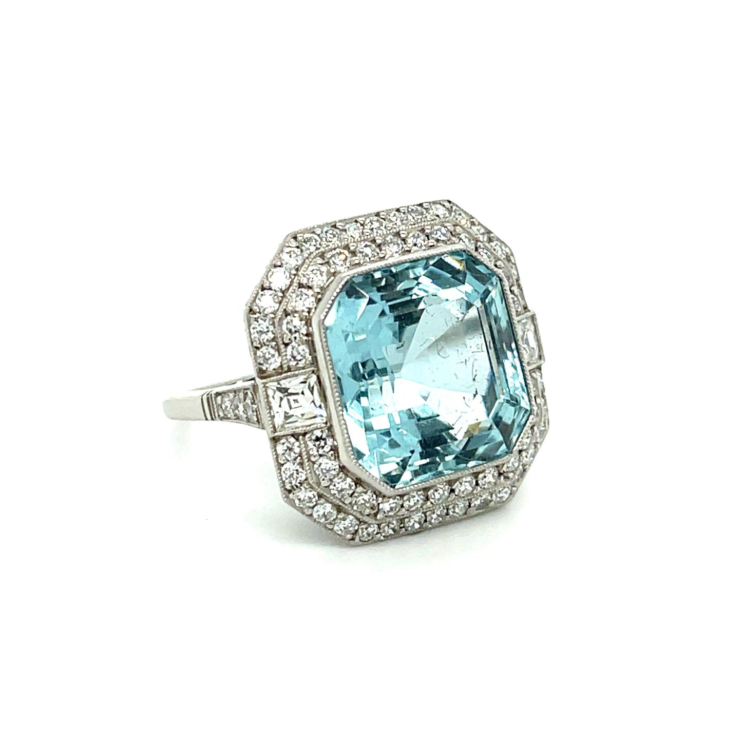 9.90ct Aquamarine .30ct French Cut Two Diamonds .96ct SD Platinum Ring