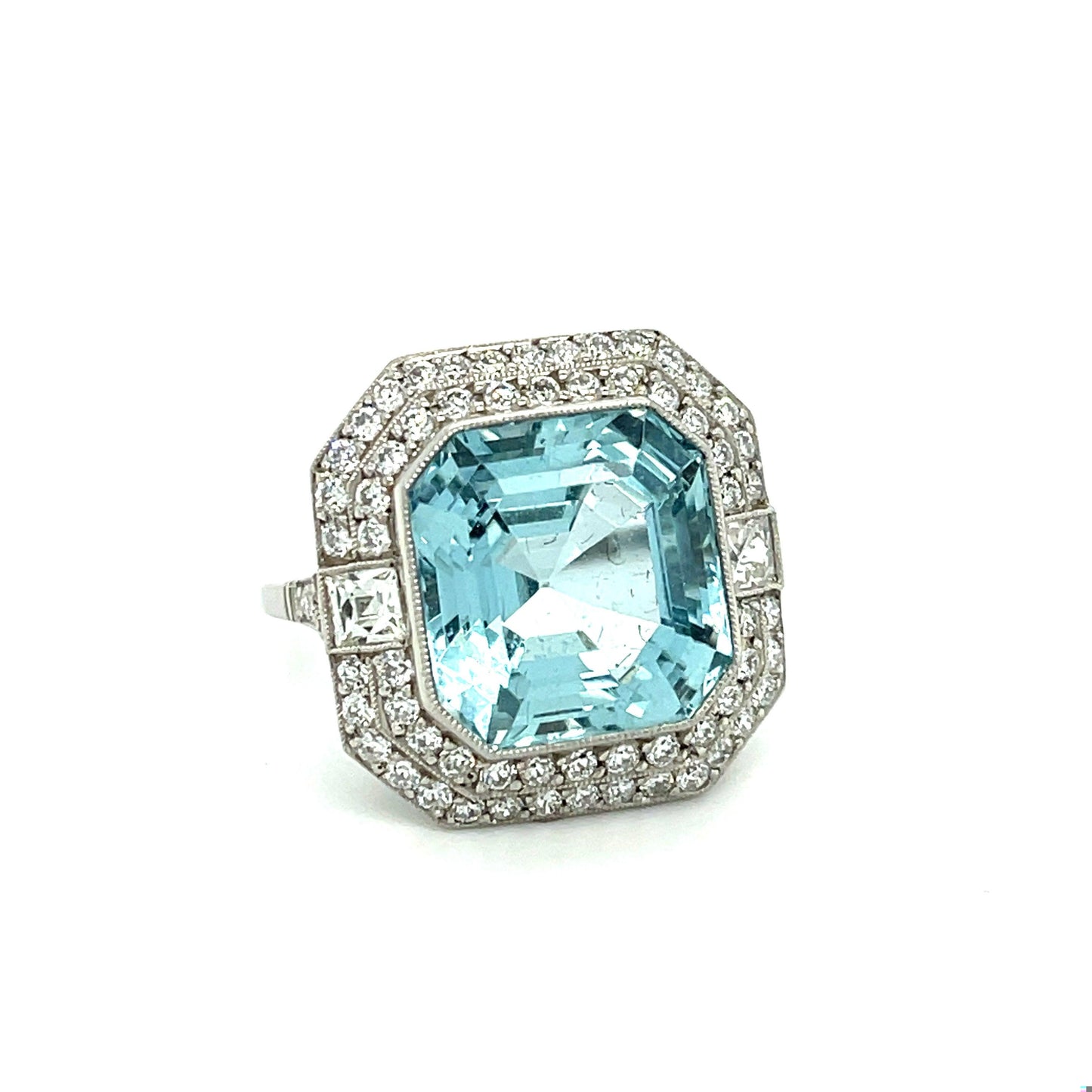 9.90ct Aquamarine .30ct French Cut Two Diamonds .96ct SD Platinum Ring