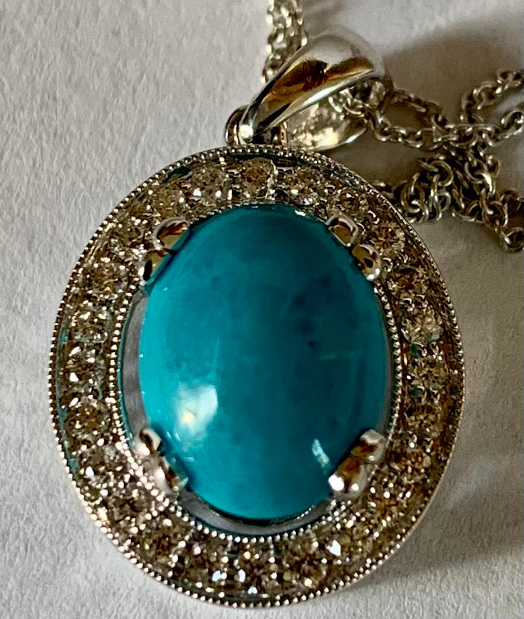 Estate  2.97ct Turquoise &  0.29ctw Diamond 14KY White Gold Pendant Length 16