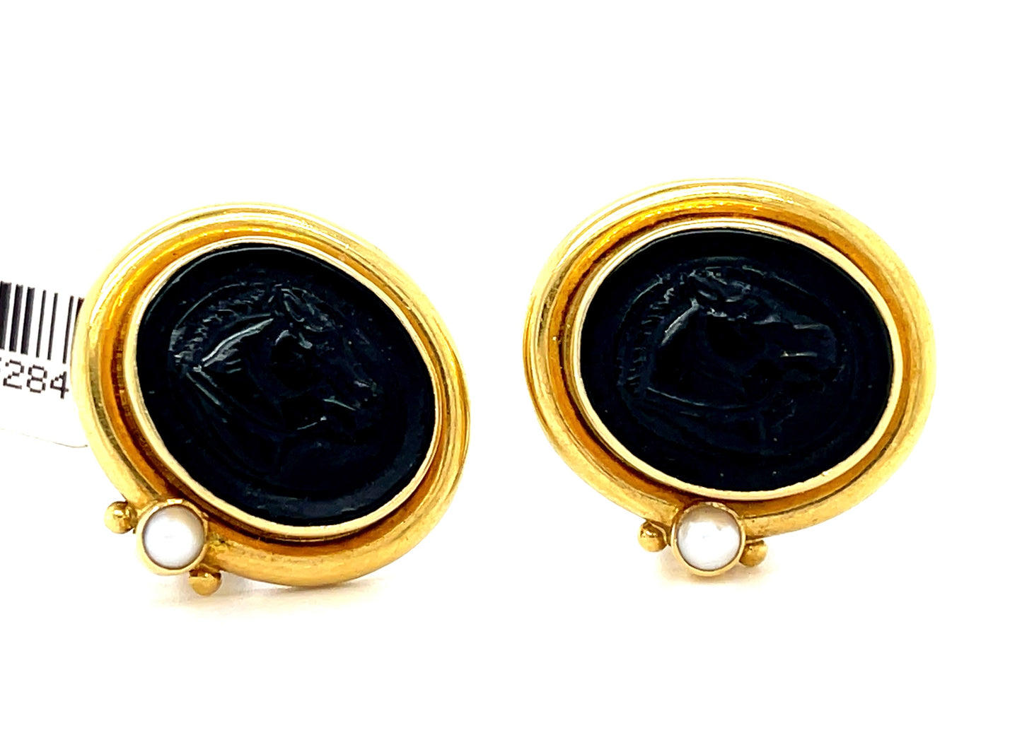 Elizabeth Locke Carved Onyx 18KY Estate Earrings