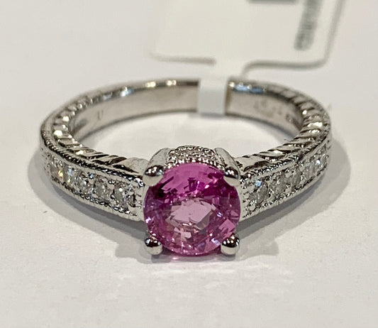 1ct Pink Sapphire & Diamond PT Ring 0.20ct twt(dia) ESTATE Size 5.50
