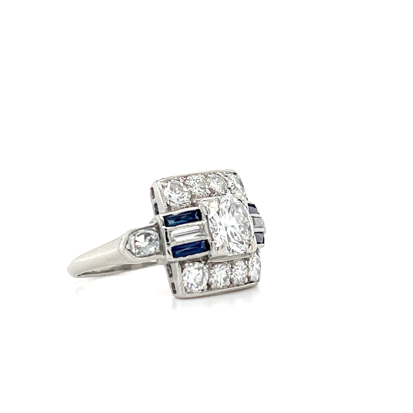 Art Deco (Circa 1930s) .84ct Old European Cut Center Diamond Platinum Vintage Ring .40ct Sapphires 1.15ct SD