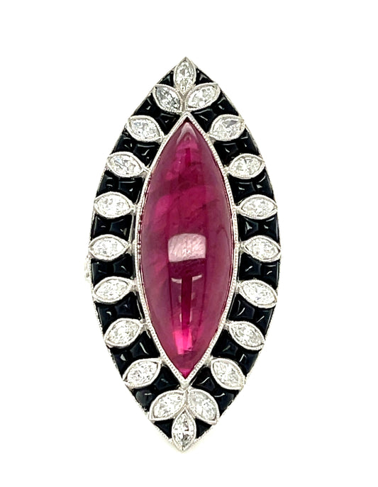 13.50ct Dark Red Cabochon Ruby Marquise shape Handmade & Inspired Platinum Ring 1.46ct Marquise, Round Brilliant and Old European Cut Diamonds