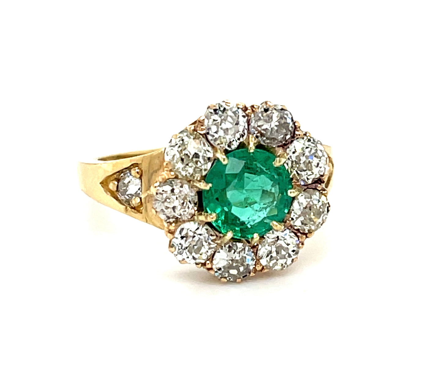 Victorian Era (Circa 1890s) .94ct Round Emerald 14KY Antique Ring 1.08ct Old Mine Cut Diamonds