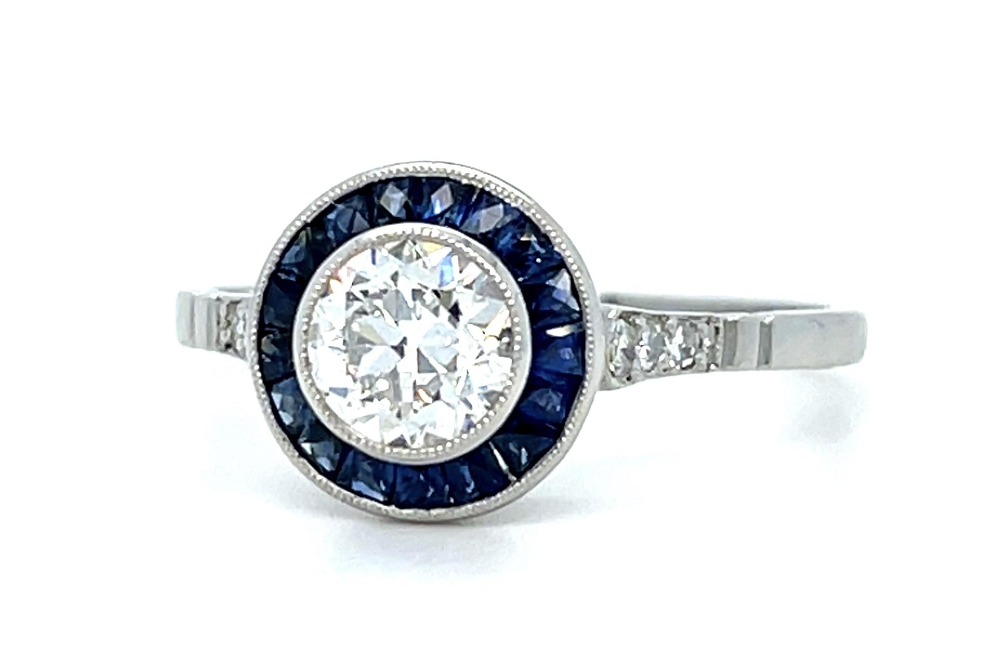 .68ct Old European Diamond .66ct Sapphire Platinum Handmade Ring 3.20g 7.50 Size