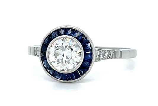 .68ct Old European Diamond .66ct Sapphire Platinum Handmade Ring 3.20g 7.50 Size
