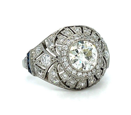 1.13ct Old Euro Diamond Platinum Handmade Ring Sapphires 1.20ct SD 5.51g 7 Size