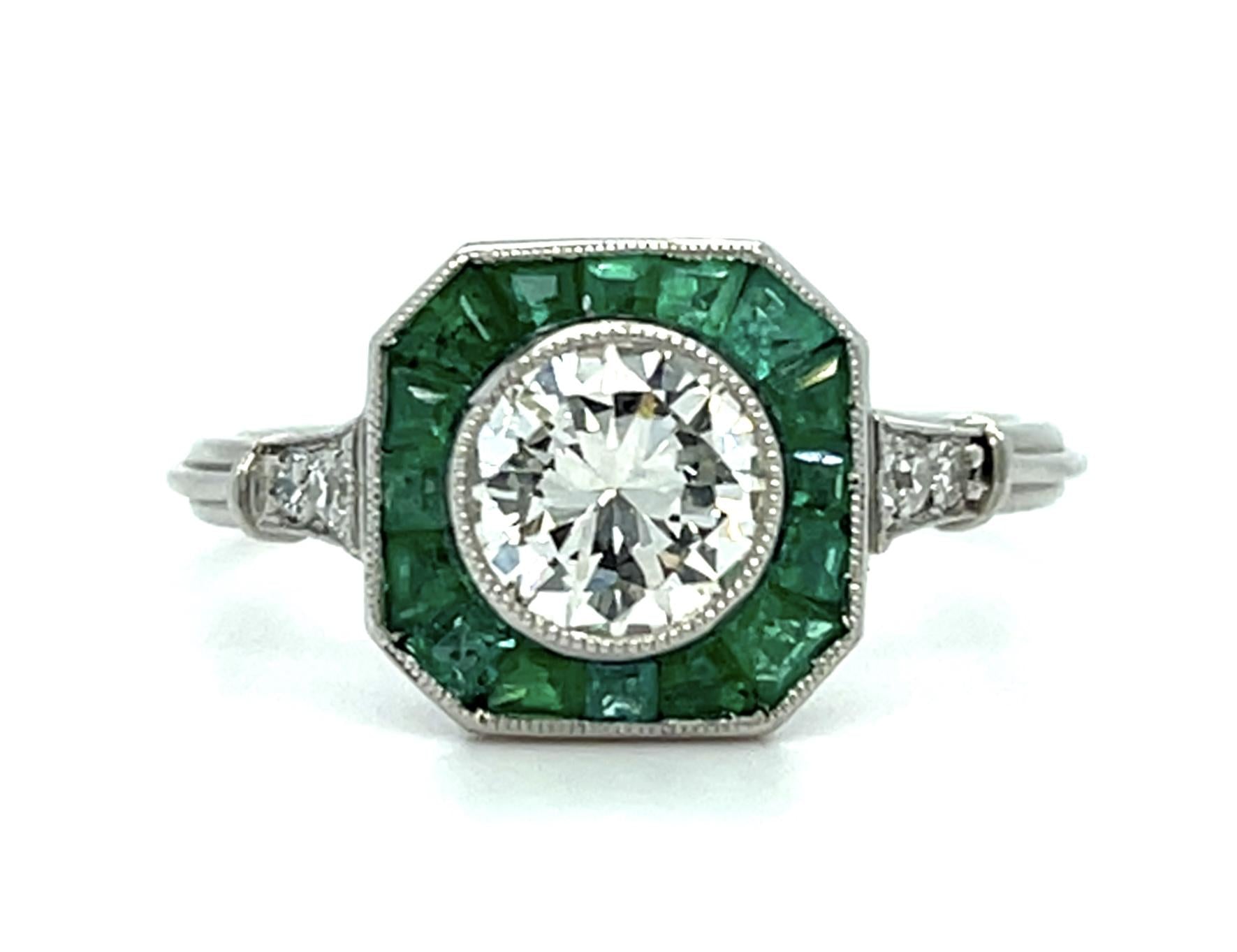 .74ct Round Brilliant Diamond .84ct Emerald Platinum Handmade Ring .18ct SD