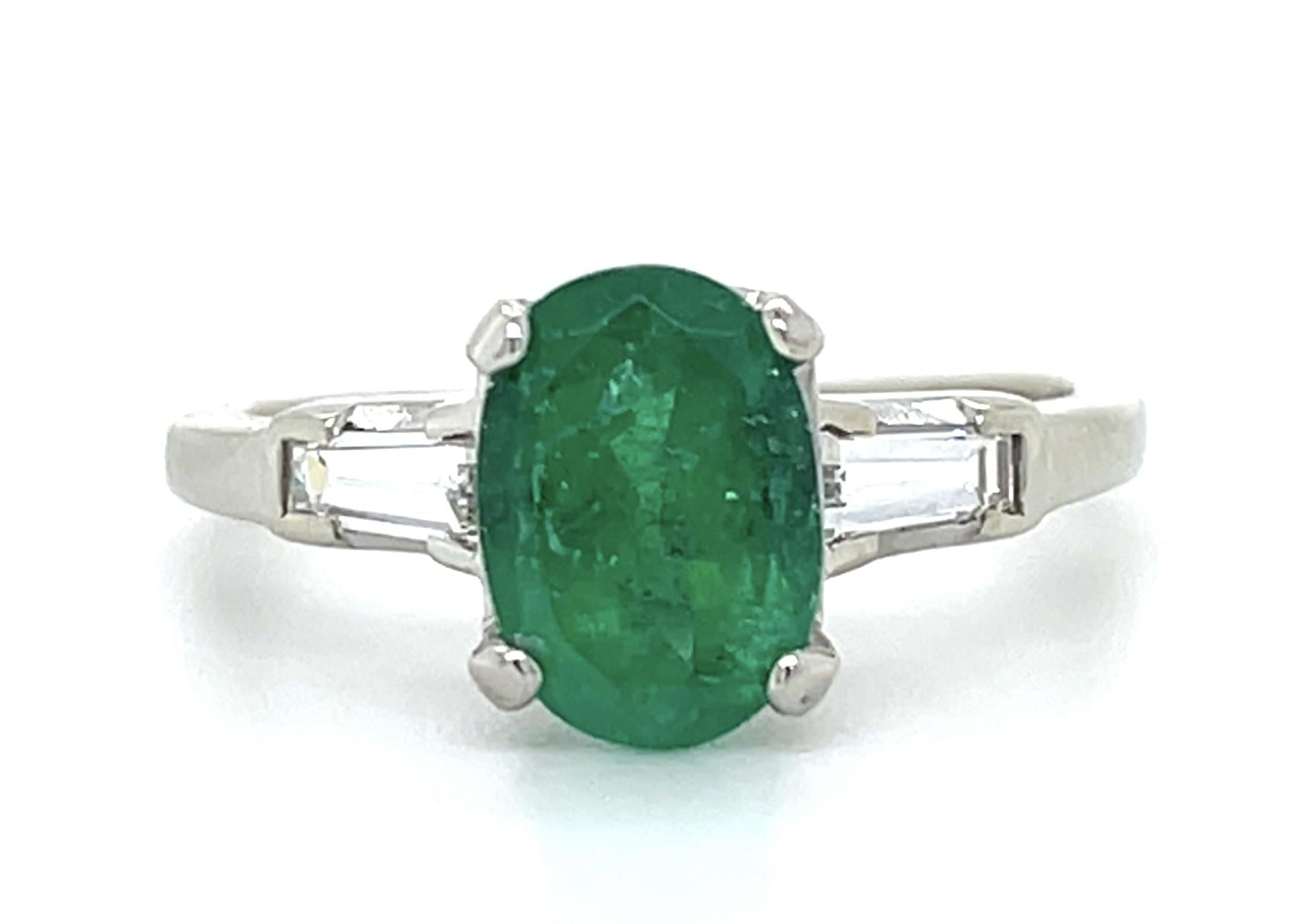1.64ct Emerald .30ct Tapered Baguette 14KW Ring 3g 7 Size