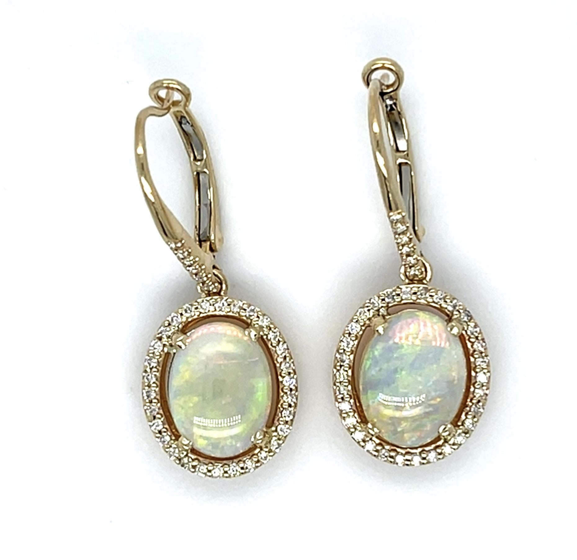 3.15ct Australian Crystal Opal 14KY Drop Earrings .28ct Diamonds