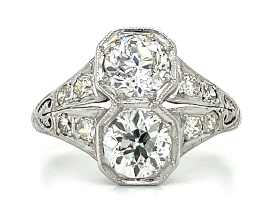 Art Deco 1.40ct Old European Cut Diamonds Platinum Antique Two Stone Ring (Circa 1920s)