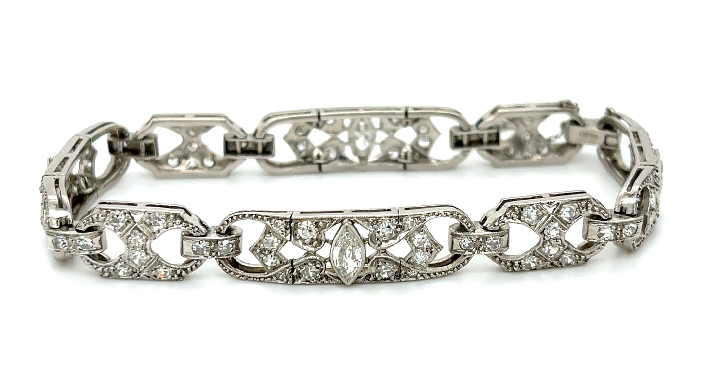 Art Deco (Circa 1930s) 1.20ct Marquise Diamonds 3ct SD Platinum Vintage Bracelet