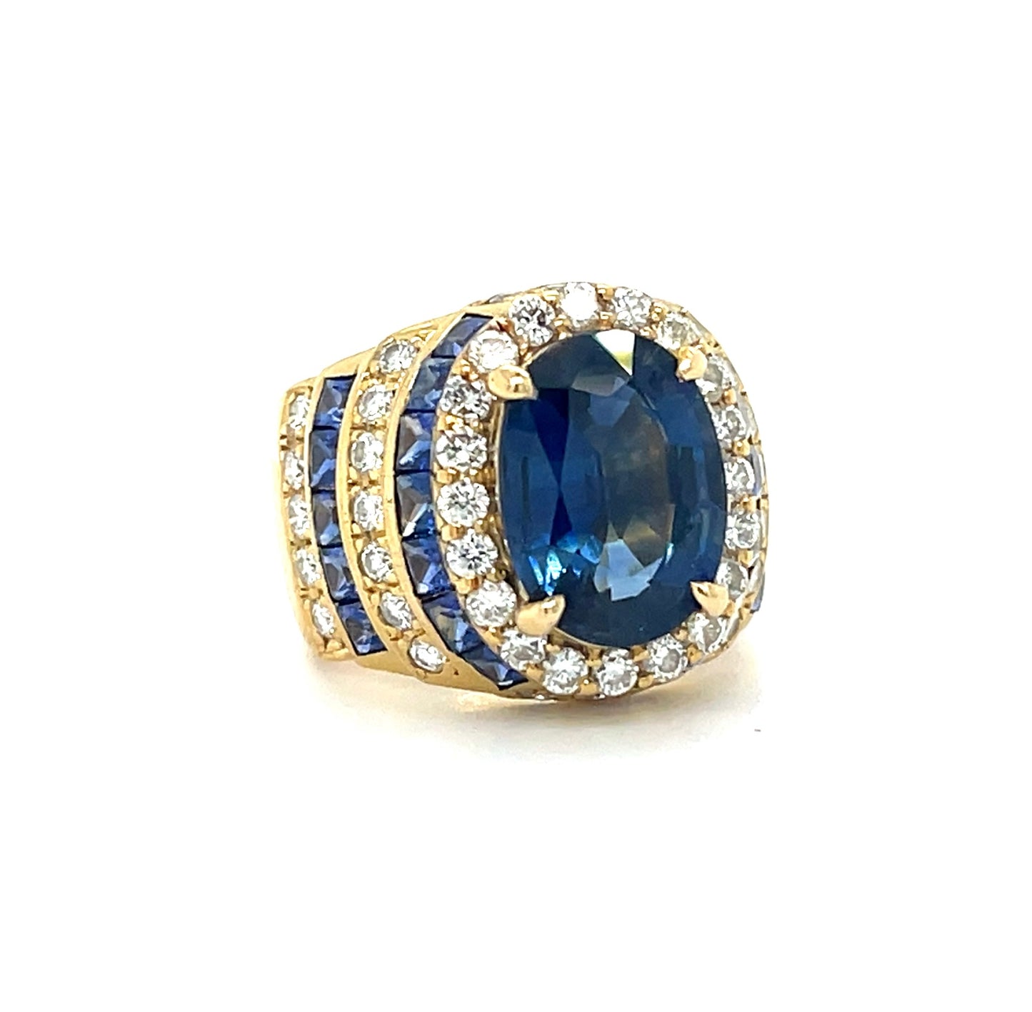 4.12ct Sapphire Ring 18KY (Vintage Circa 1960s) 1.08ct Diamonds 2.10ct Side Sapphires