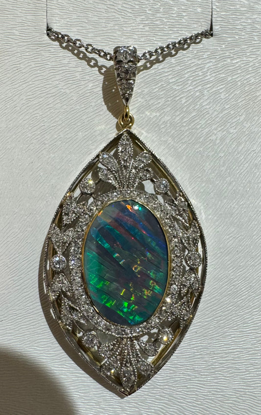 Edwardian 11.50ct Australian Lightning Ridge Black Opal Pendant Platinum over 18KY (Antique Circa 1900s) 2ct Diamonds