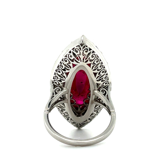 13.50ct Dark Red Cabochon Ruby Marquise shape Handmade & Inspired Platinum Ring 1.46ct Marquise, Round Brilliant and Old European Cut Diamonds
