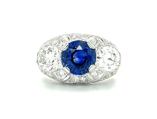 Art Deco 2.31ct Sapphire 1.80ct Old European Cut Diamonds .70ct SD PT Ring