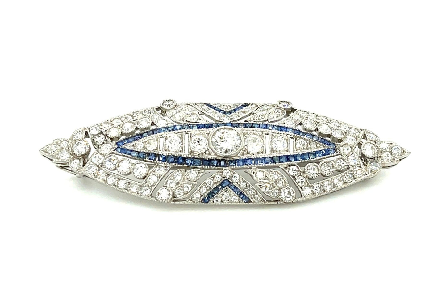 Art Deco .30ct Center Dia 2ct SD 1.50ct Sapphire PT Antique Brooch (Circa 1920)