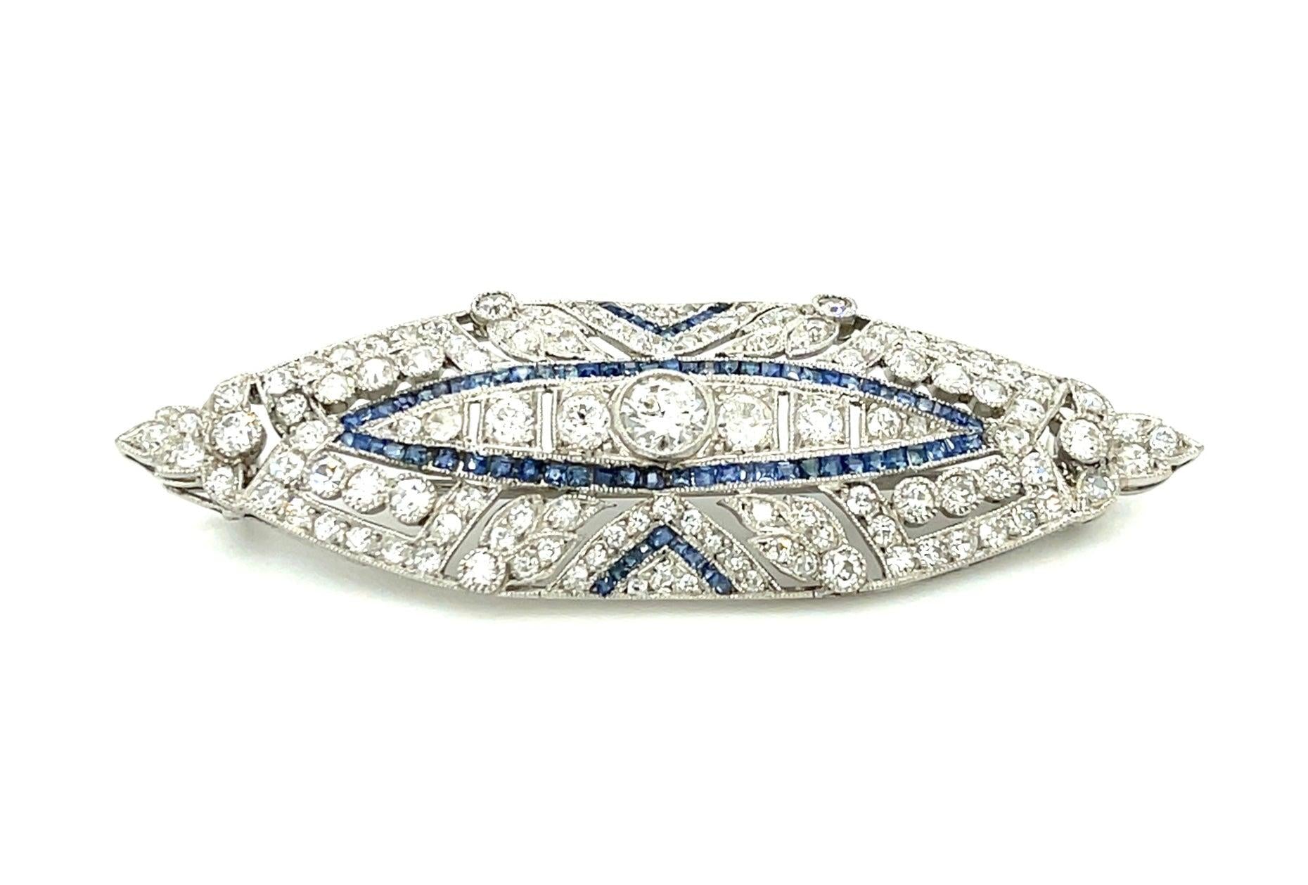 Art Deco .30ct Center Dia 2ct SD 1.50ct Sapphire PT Antique Brooch (Circa 1920)