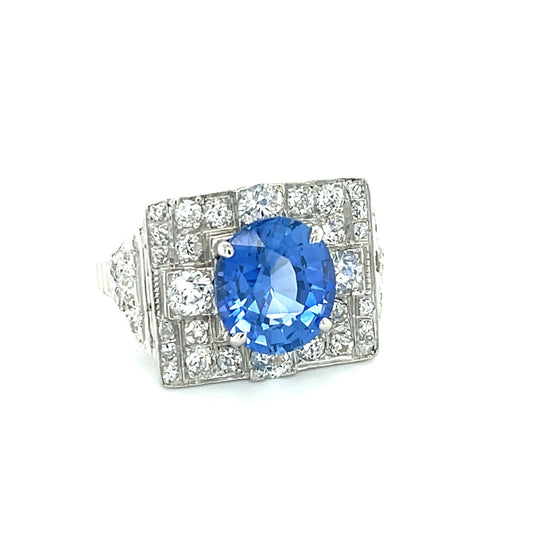 Art Deco 4.22ct Ceylon Sapphire (No Cert) 1.40ct Diamonds Platinum Ring 1920s