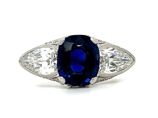 Art Deco 5.10ct Cambodian No Heat Sapphire PT Ring (1920s) 2.30ct Pear Diamonds