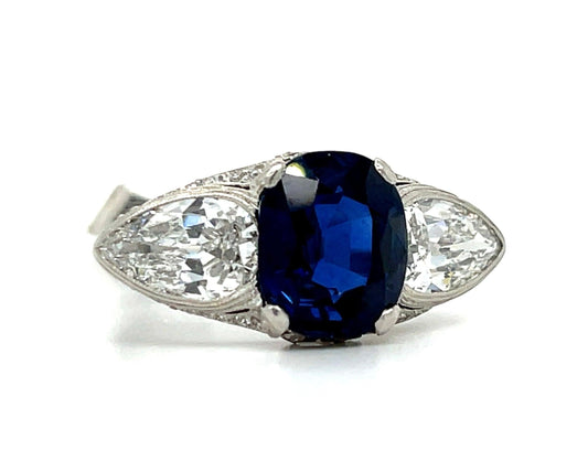 Art Deco 5.10ct Cambodian No Heat Sapphire PT Ring (1920s) 2.30ct Pear Diamonds