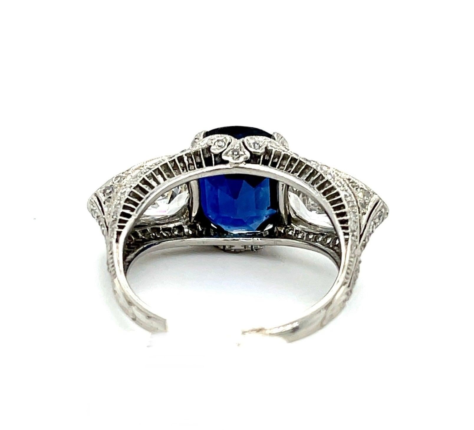 Art Deco 5.10ct Cambodian No Heat Sapphire PT Ring (1920s) 2.30ct Pear Diamonds