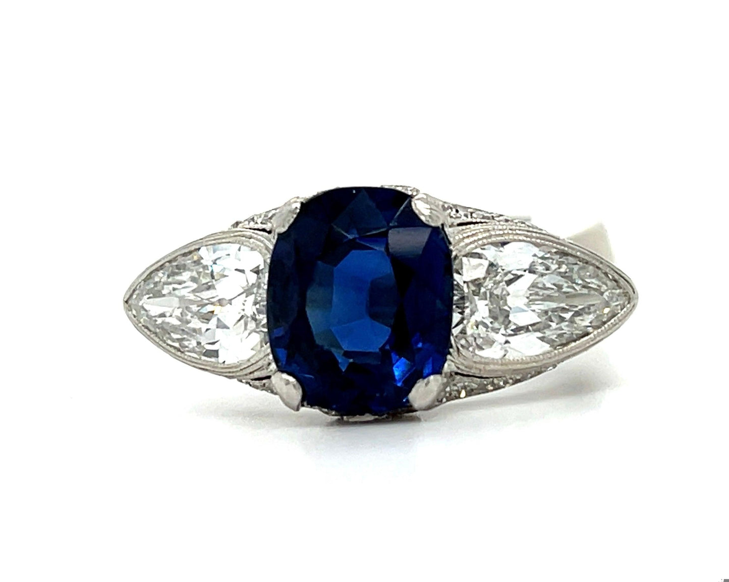 Art Deco 5.10ct Cambodian No Heat Sapphire PT Ring (1920s) 2.30ct Pear Diamonds