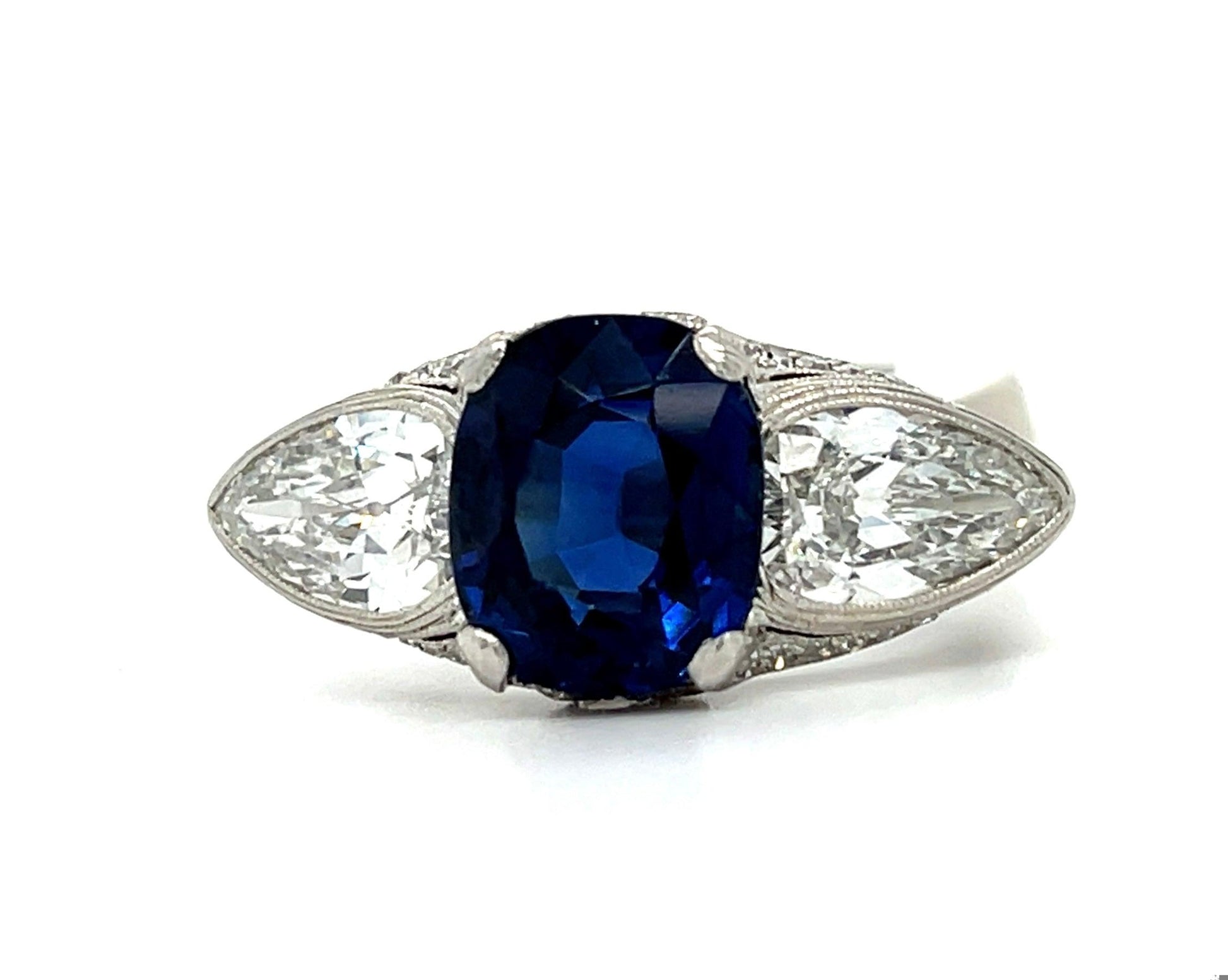 Art Deco 5.10ct Cambodian No Heat Sapphire PT Ring (1920s) 2.30ct Pear Diamonds