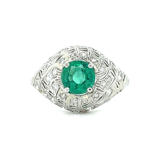Art Deco .97ct Emerald .34ct Diamond Platinum Antique Ring (Circa 1920s)